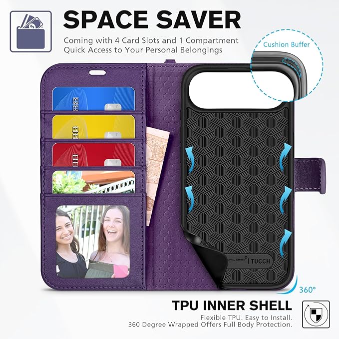 TUCCH Case Wallet for iPhone Air (6.5") 2025, Wrist Strap, Stand, RFID Blocking 4 Card Holder, TPU Shockproof Shell, PU Leather, Magnetic Closure Folio Protective Cover, Deep Purple