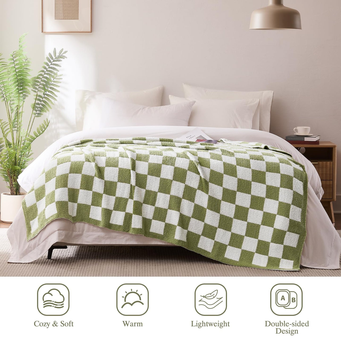 Cozzenity Checkered Throw Blanket, Sage Green Soft Cozy Fluffy Knitted Throw Blankets for Couch, Sofa, Bed, Chair, Warm Fuzzy Travel Picnic Lightweight Plaid Blanket, 50x70 inches