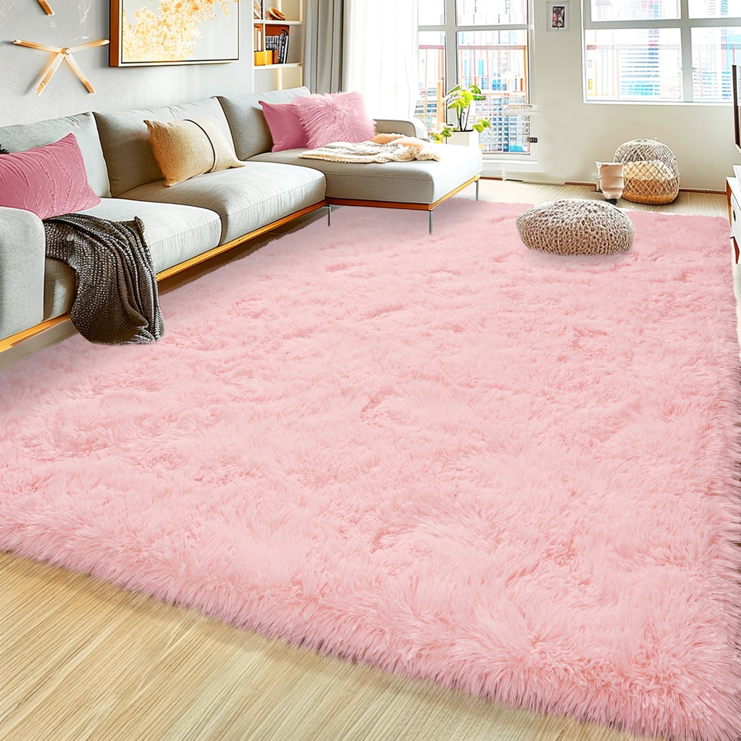 Large 9x12 Area Rugs for Living Room, Soft Shag Living Room Rug Thick Fluffy Rug for Bedroom, Plush Fuzzy Carpet for Girls Boys Kids Room Non Slip Dorm Home Decor Aesthetic, Pink