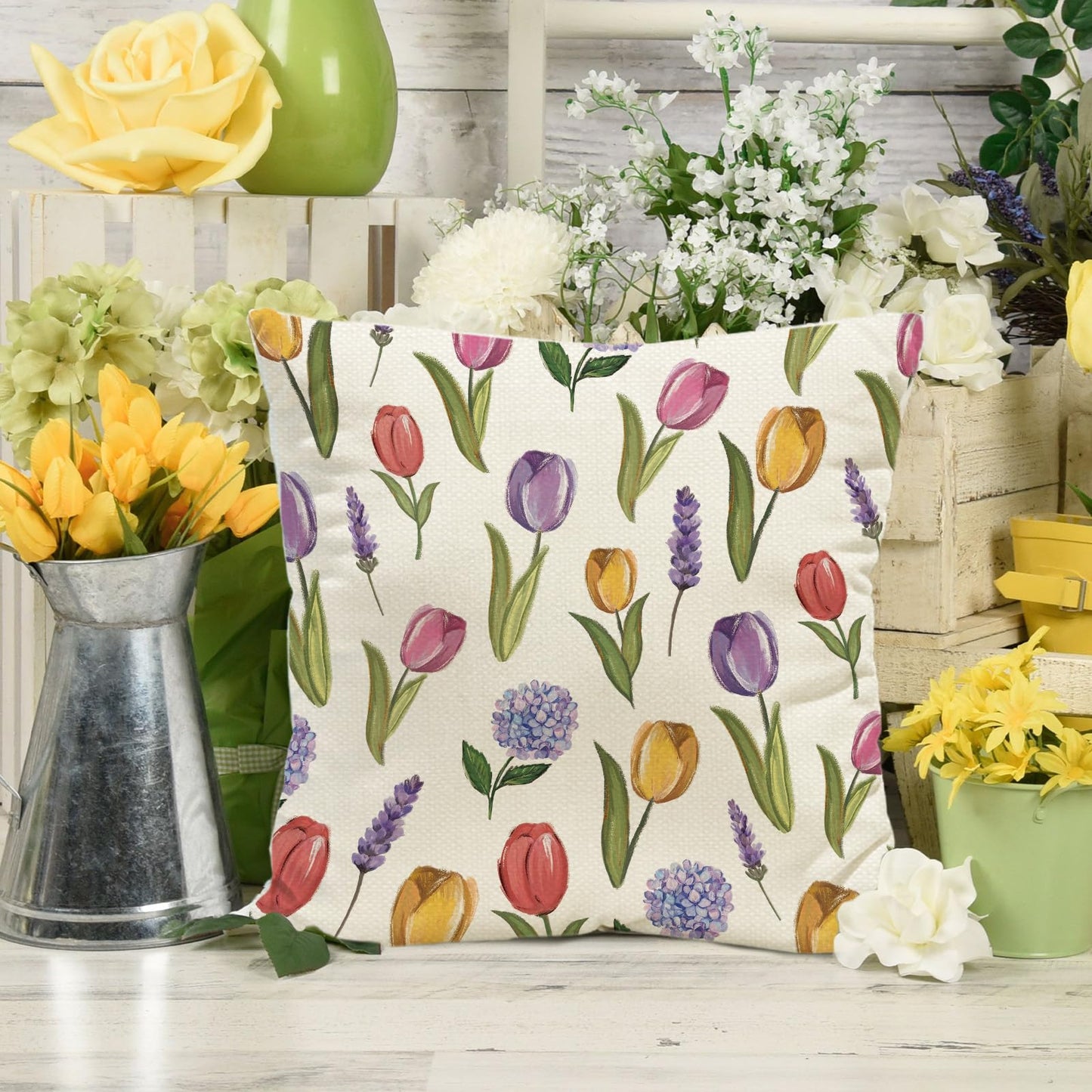 Tikeciti Spring Summer Tulips Pillow Covers Home Sweet Home 18 x 18 Inch Throw Pillows, Hydrangea Floral Farmhouse Seasonal Outdoor Indoor Decorative for Cushion Case Sofa Couch Set of 4