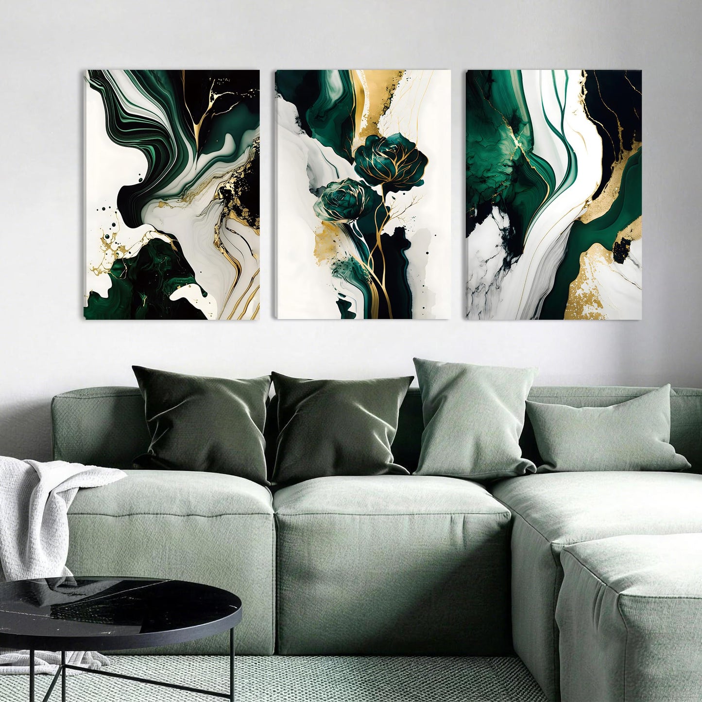 EJPFOGV Large Framed Abstract Wall Art Set of 3, Green and Gold Marble Texture with Floral Motif, Easy to Hang & Fade Resistant Art Prints, Wall Decor for Bedroom, Living Room, Home Office, 20x30 Inch