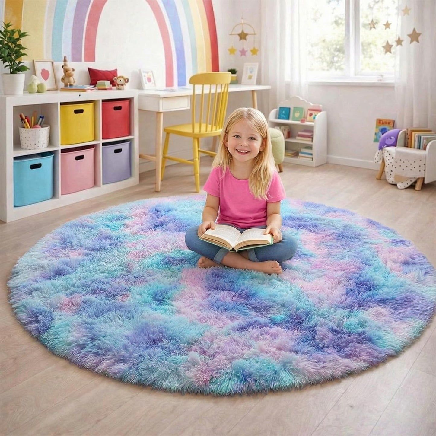 Amdrebio Purple Rainbow Round Rug 4Ft for Bedroom Girls Room Decor, Circular Mermaid Kids Rugs for Playroom Nursery Dorm, Fluffy Furry Cute Shag Carpet, Kawaii Circle Area Rugs for Baby Toddler Teen