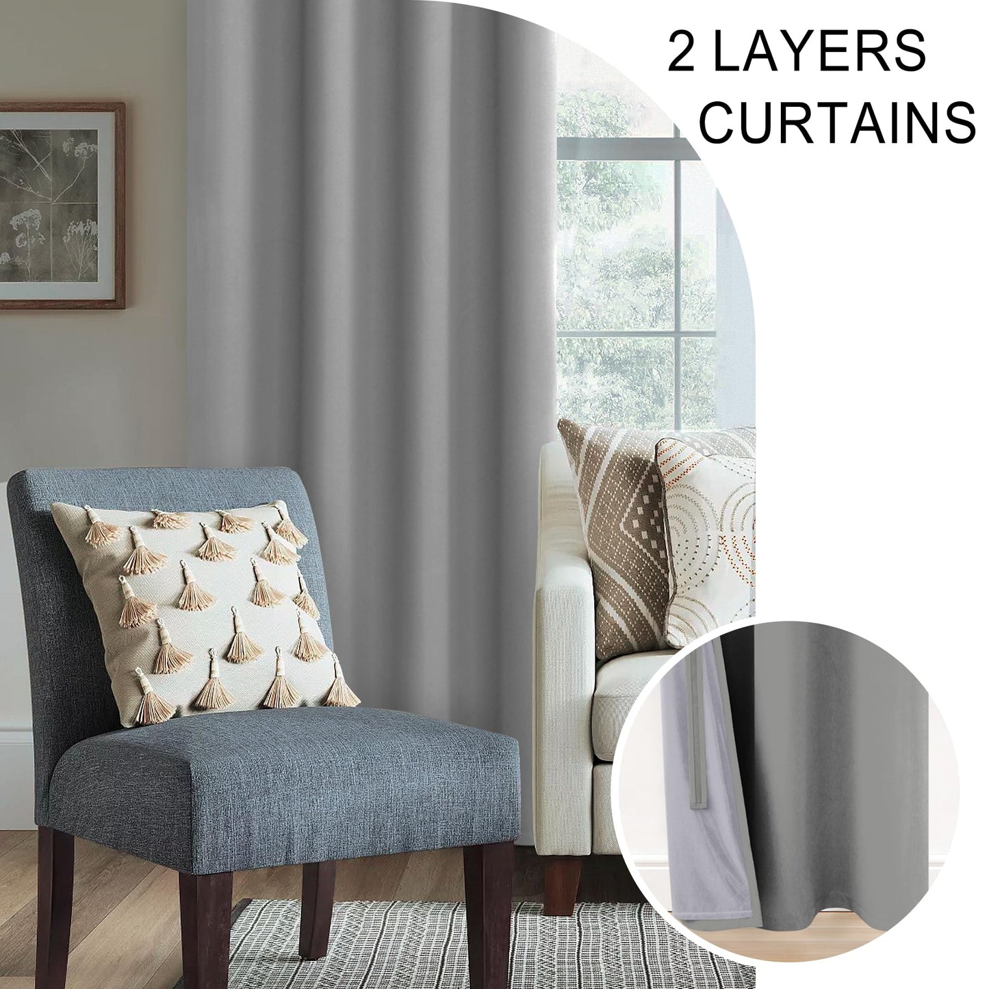 XWZO 100% Blackout Curtains with Tiebacks- Heat and Light Blocking Rod Pocket & Back Tab Window Drapes with Black Liner Backing for Bedroom/Kid's Room, Light Grey, W52 x L108, Set of 2 Panels