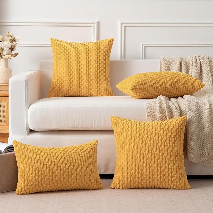Kevin Textile Set of 2 Decorative Pillow Cover Solid Striped Corduroy Plush Velvet Cushion Cover for Couch Machine Washable Pillowcase 50cm 20 x 20 Inch Yellow