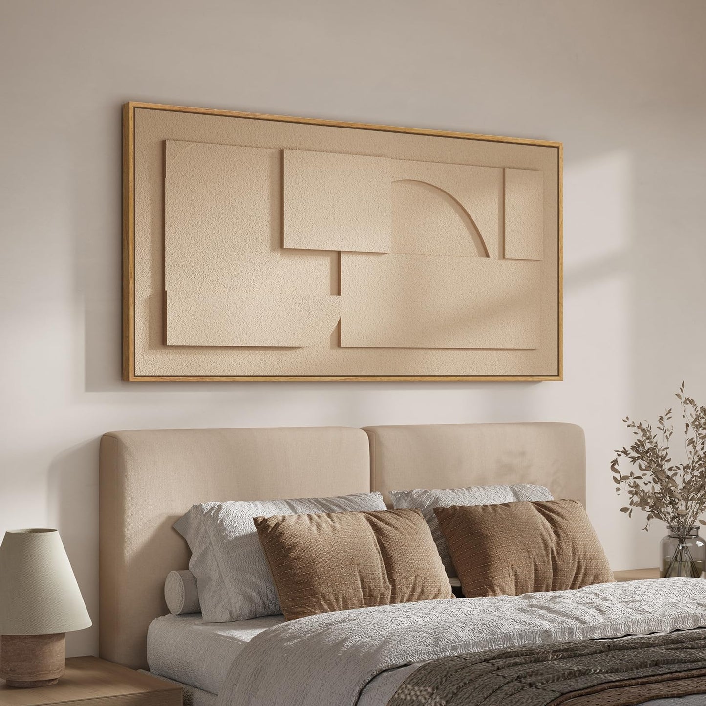 Large Framed 3D Neutral Abstract Wall Art for Living Room, Horizontal Modern Textured Paintings Artwork for Walls, Beige Geometric Pictures Wall Decor for Bedroom Dining Room Home Office, 60x30 In