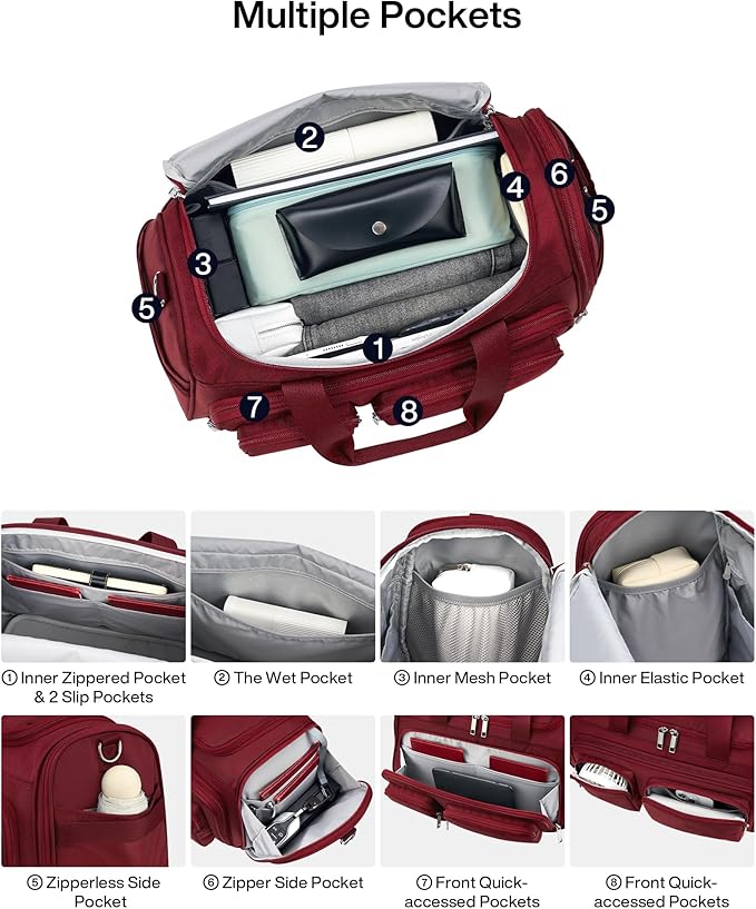MILADA Underseat Carry On Luggage Bags for Travel Lightweight Foldable Carry On Bags for Airplanes Small Duffle Bag for Men Women Personal Weekend Overnight Travel Tote Bags, Burgundy