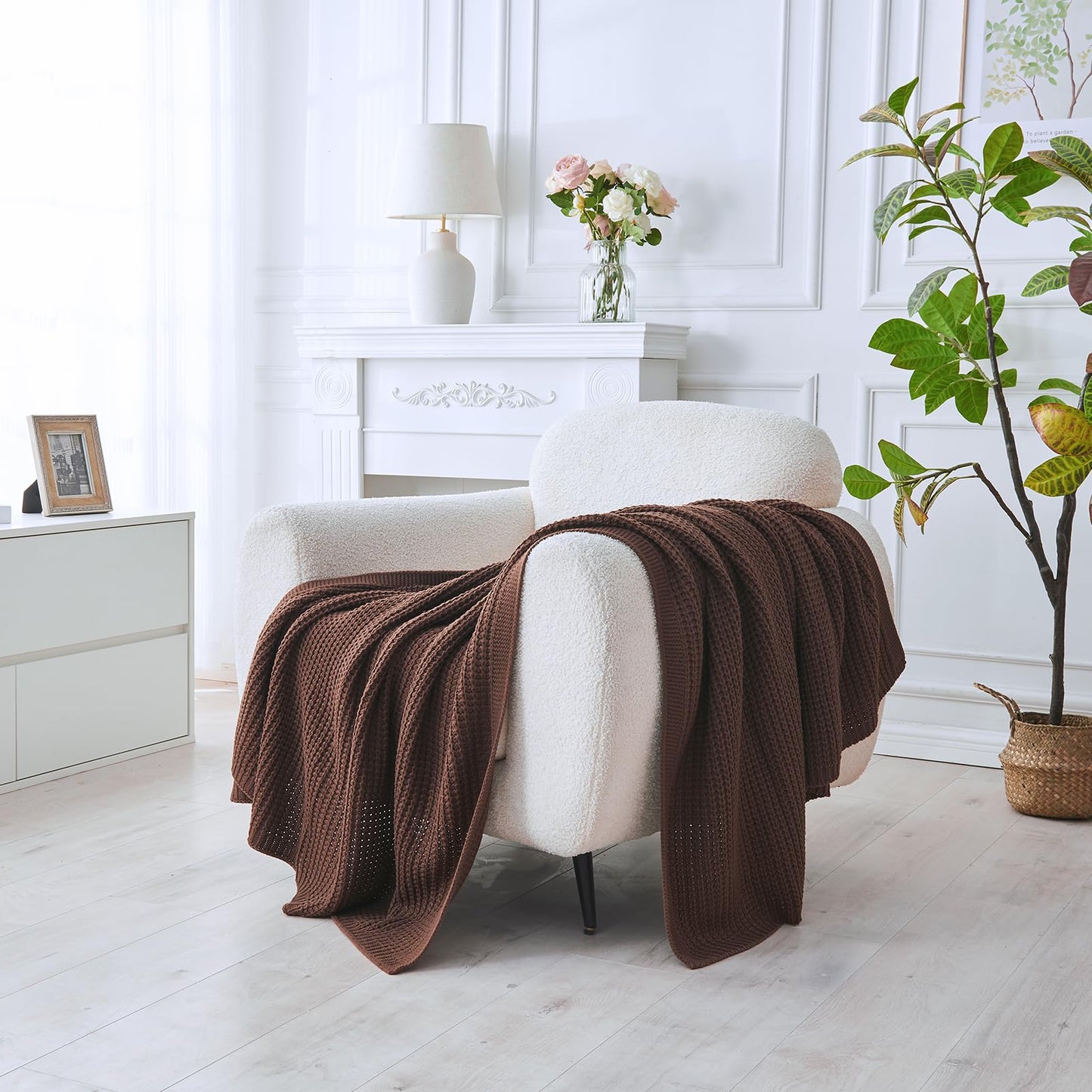 Douceur Brown Throw Blanket for Couch, Soft Chunky Cable Knit Throw Blanket, Classic Fisherman's Rib Stitch Pattern Throw for Living Room Gift, 50"X60"