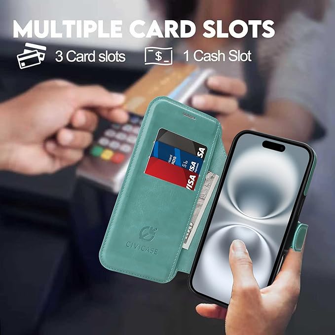 CIVICASE for iPhone 17 Wallet Case with Stand,PU Leather Flip Credit Card Holder Slots (RFID Blocking),Compatible with Magsafe Magnetic Holder Phone Cover Women Men,Green