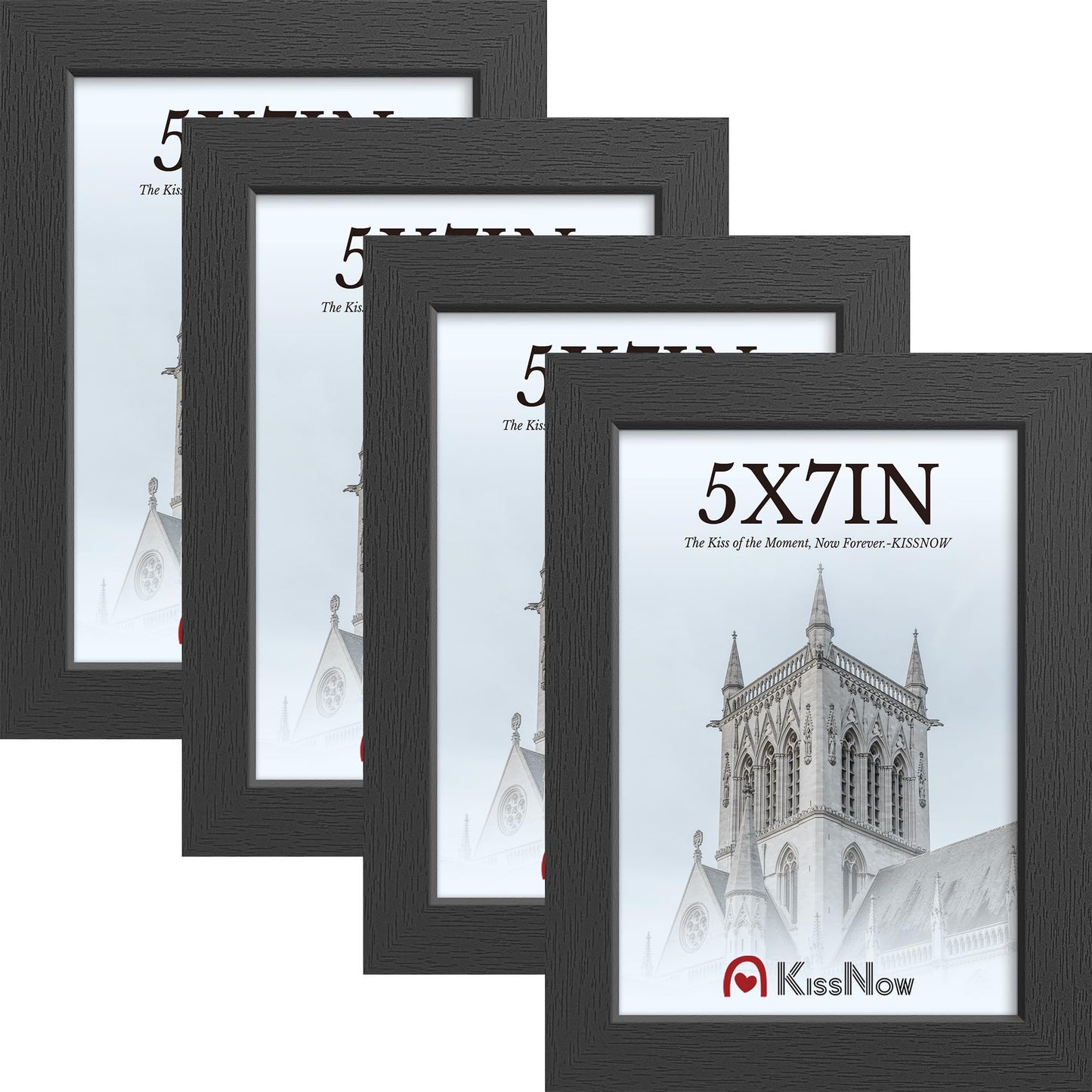KissNow 5x7 Picture Frame 4 Pack, Black Wood 7x5 Frame, Tempered Glass, Vertical or Horizontal Tabletop Display for Photos & Art Prints