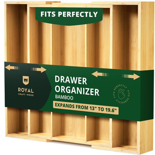 Luxury Bamboo Kitchen Drawer Organizer - Silverware Organizer - Utensil Holder and Cutlery Tray with Grooved Drawer Dividers for Flatware and Kitchen Utensils (5 Slot, Natural)