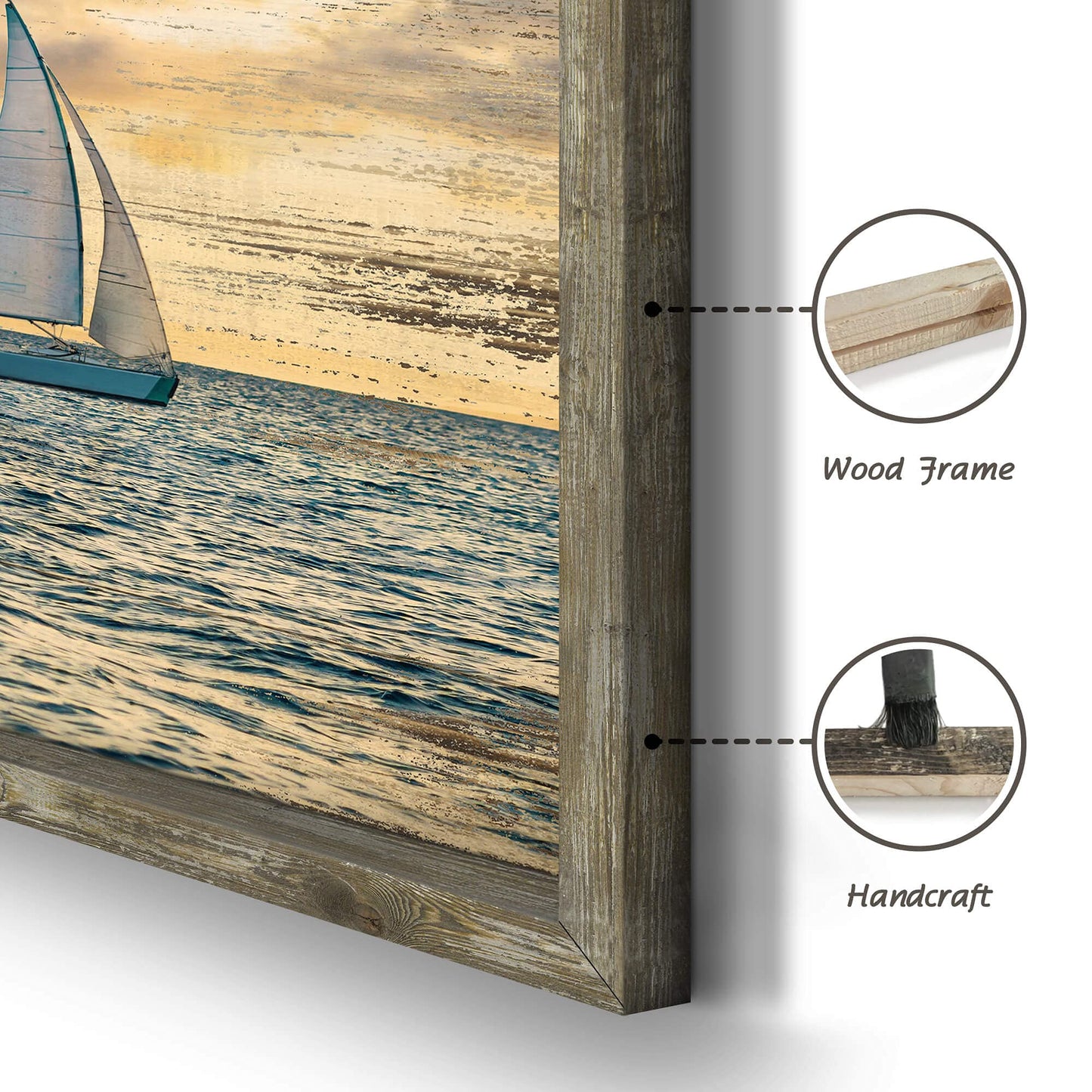 Coastal Framed Wooden Wall Art: Ocean Painting Art Sail Boats Artwork Decor Sunset Seascape Picture Prints for Bedroom 24"x12"