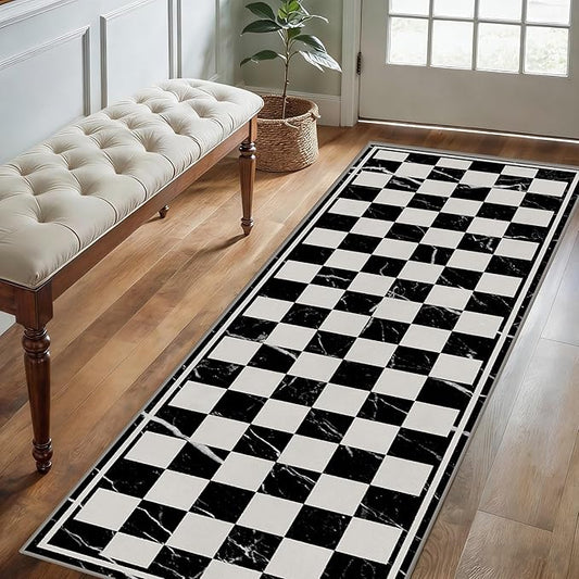 Grey Black Checkered Kitchen Hallway Carpet, 1.3x7ft, Abstract Black Marble Indoor Decor Washable Rugs, Durable Soft Cozy Non Slip Rug, Breathable Non Shedding Mats for Front Porch