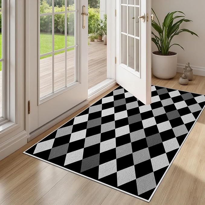 Black and White Rug 7x10, Rhombus Geometric Soft Ultra Soft Faux Wool Low Pile Rug, Indoor Floor Mats Carpet, Non-Slip Stain Resistant Washable Rugs, Modern Abstract Checkered Rugs for Living Room