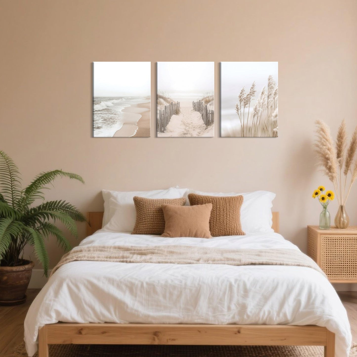 Framed Beach Canvas Wall Art Set of 3, Boho Coastal Nature Landscape Wall Decor Paintings, Ocean Beach Pampas Grass Artwork Prints Pictures for Living Room Bedroom Home Office 16x24 Inch