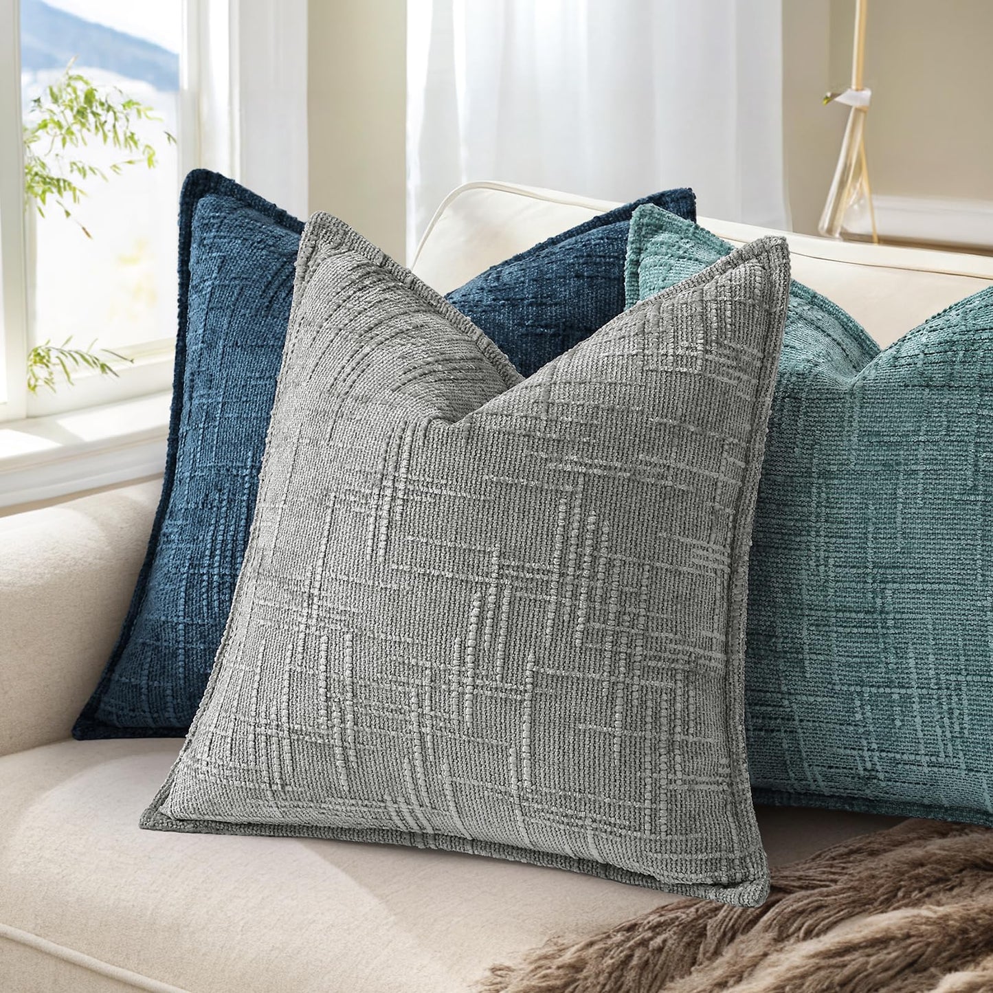 decorUhome Chenille Throw Pillow Covers 26x26 Set of 2, Soft Textured Slubby Modern Decorative Pillow Covers with Elegant Design for Couch, Sofa, Living Room, Grey