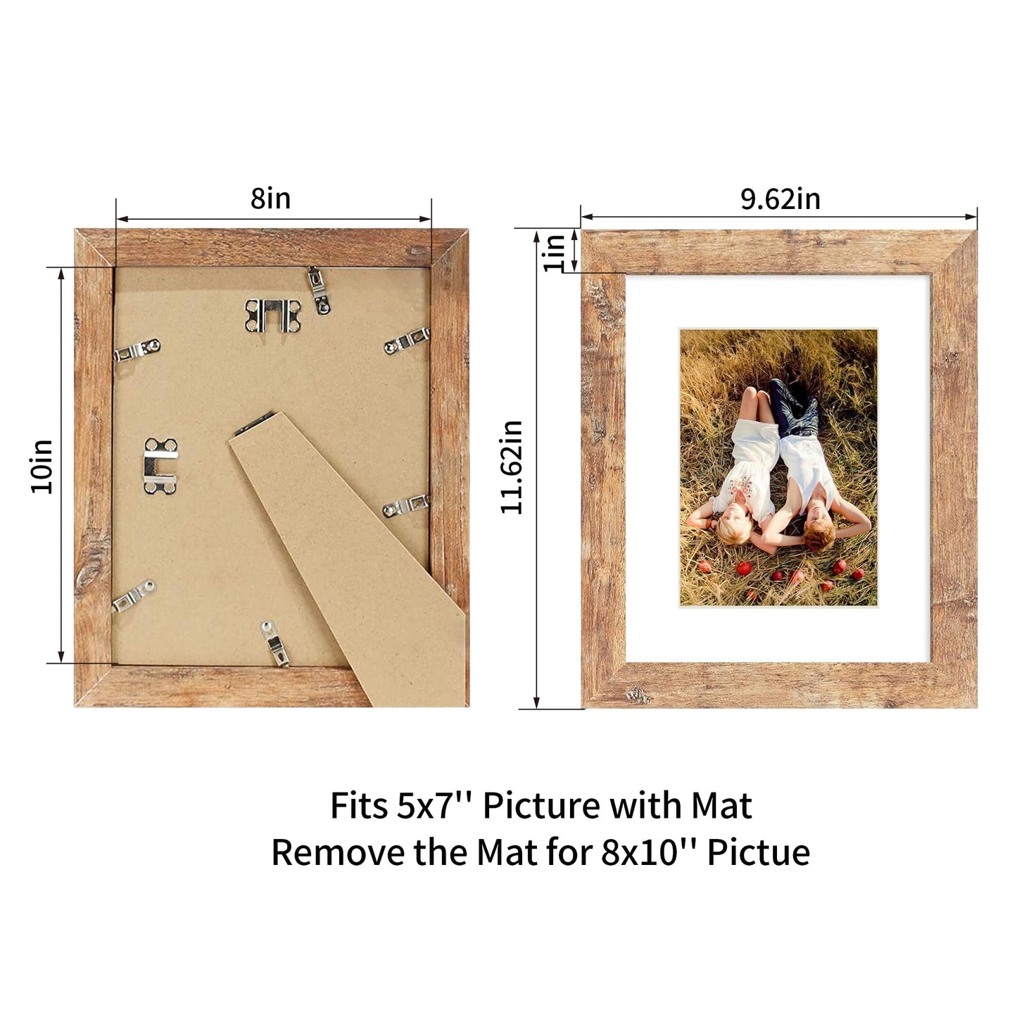 iRahmen 8x10 Picture Frame Set of 2, High Definition Real Glass Rustic Brown Wood Frame, Display Pictures 5x7 with Mat or 8 x 10 Without Mat for Tabletop or Wall Mounting