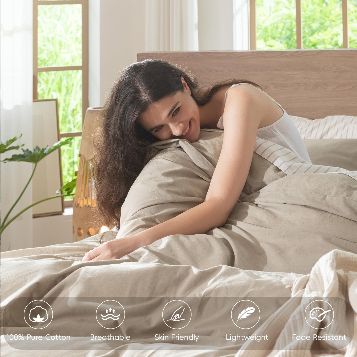 MooMee Bedding Duvet Cover Set 100% Washed Cotton Linen Like Textured Breathable Durable Soft Comfy (Heathered Tannish Linen Grey, King 104"x90")
