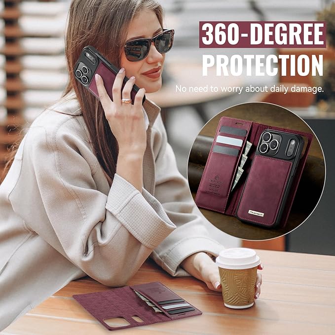 PlusnapX Wallet Case for iPhone 17 Pro Max Compatible with Magsafe, 2-IN-1 PU Leather Flip RFID Blocking Card Holder Stand Shockproof Magnetic Detachable Case for iPhone 17 Pro Max Case 6.9", Burgundy