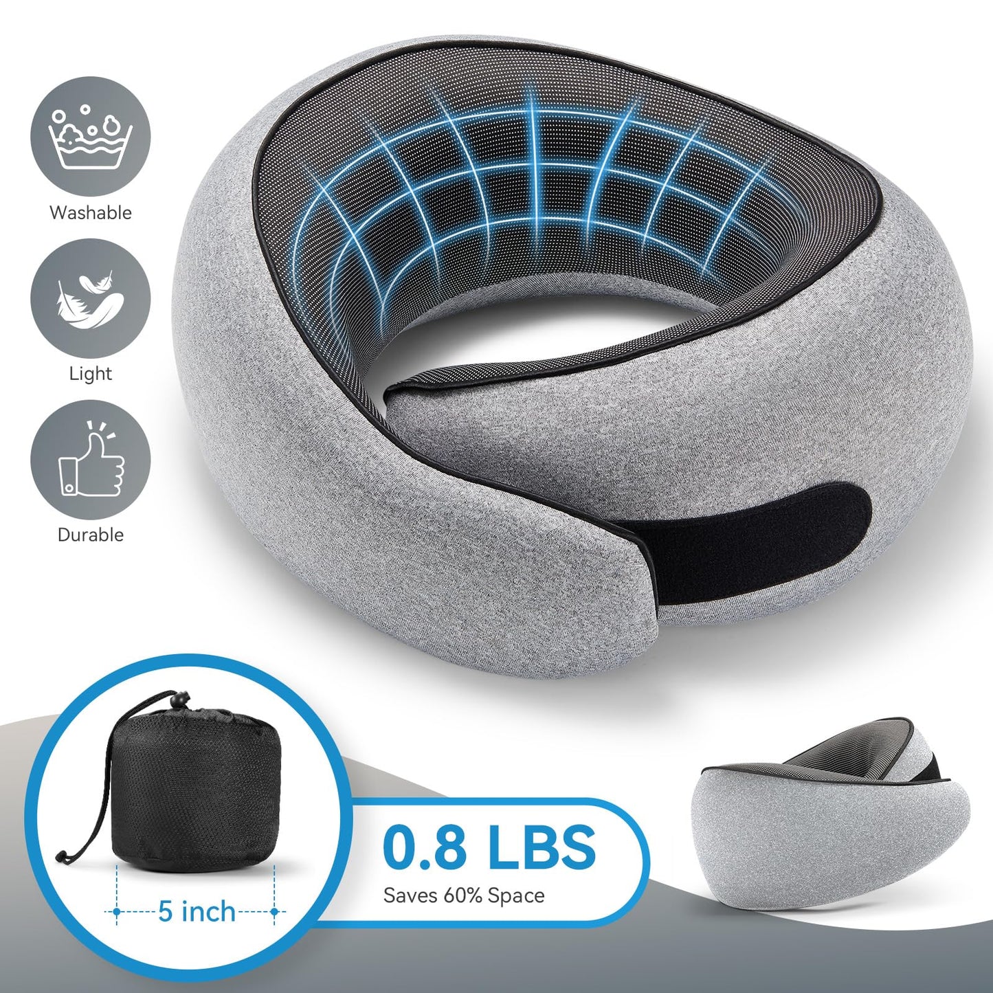 SZXYX Neck Travel Pillows - 100% Pure Memory Foam Neck Pillow for Airplanes, Comfortable Breathable Cover, 360° Support Stowable Pillows for Sleeping, Car, Airport Travel Essentials, Gray