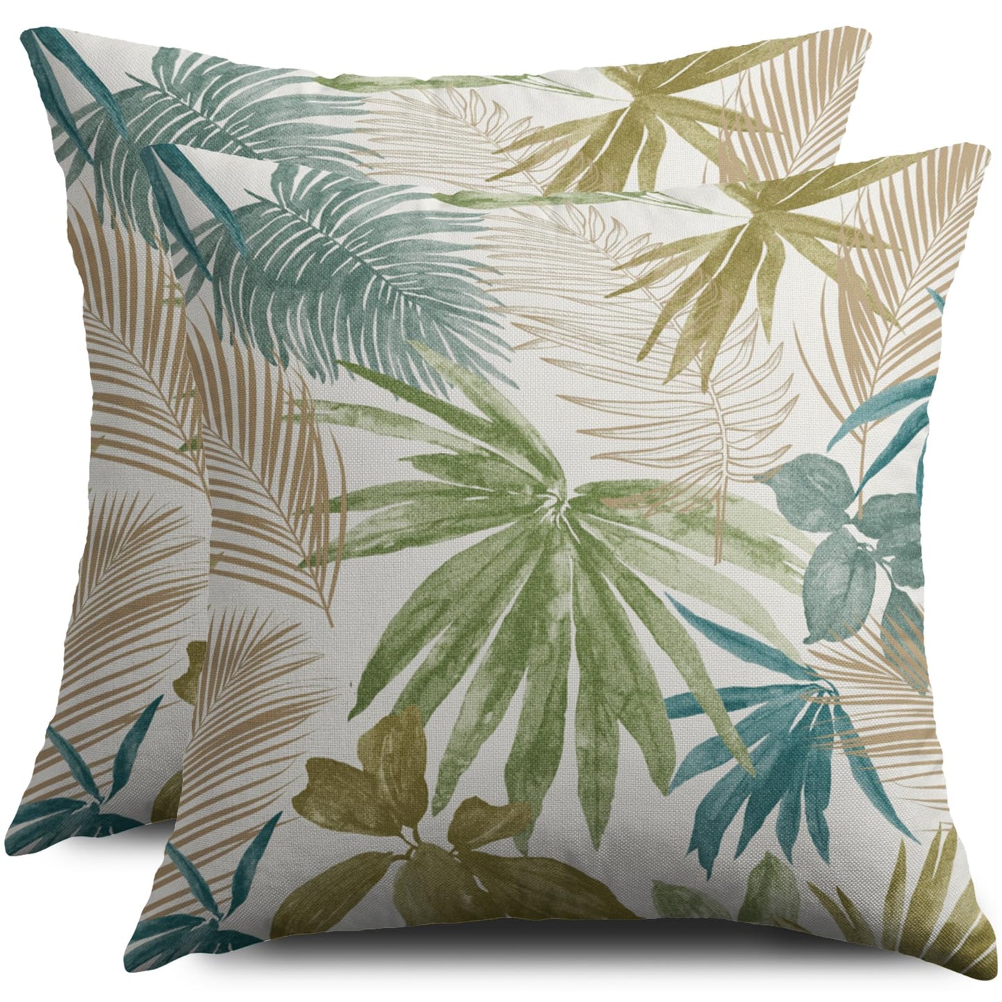 Smozenith Tropical Pillow Covers 18X18 Set of 2, Green Blue Teal Brown Palm Leaf Summer Print Decorative Throw Pillowcases Outdoor Farmhouse Seasonal Cushion Cases Couch Sofa Bed Decor