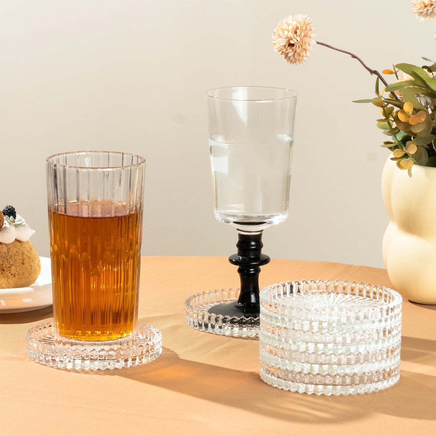 Modern Clear Coaster Set of 6- Glass Coasters for Drinks with Holder Crystal Coaster Round Cup Coasters Coffee Table Decor for Office, Kitchen, Bar, Dining Room, Living Room, Patio(Clear)