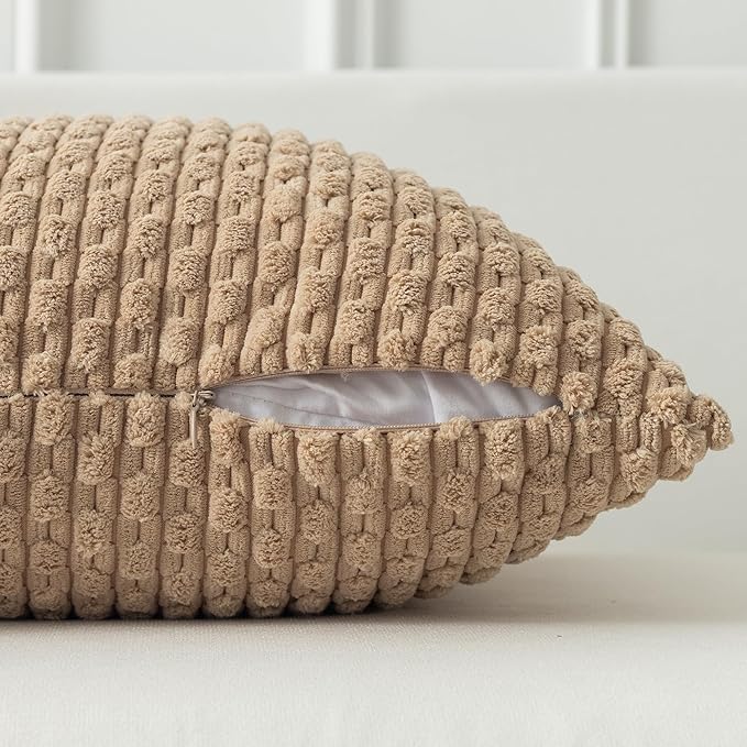 Kevin Textile Euro Sham Pillow Covers 28x28 Inch 2 Packs Soft Boho Striped Corduroy Decorative Throw Pillows for Living Room Couch Bed Sofa Rustic Farmhouse Home Decor 71x71cm Tan