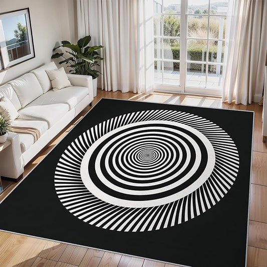 Black and White Circle Rugs for Home Decor, 3x5 ft, Abstract Op Art Area Rugs for Living Room, Soft Non Slip Washable Modern Geometric Carpet Bedroom Decorations Dt-Ghf-31