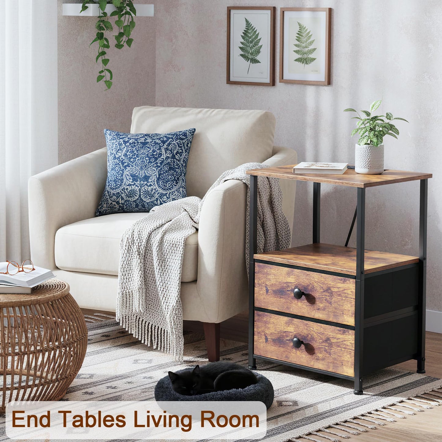 LOAKEKEL Nightstands Set of 2, Night Stand with Charging Station, End Tables with Storage Shelf for Small Spaces, Bedside Table with 2 Fabric Drawers for Bedroom, Rustic Brown, HETS020PBR