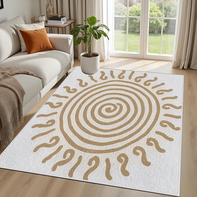 Boho Washable Rugs for Bedroom 4x5, Modern Sun Print Soft Minimalism Area Rug, Non Slip Low Pile Abstract Carpet for Classroom Living Room Decor Dining Room, Beige Yellow