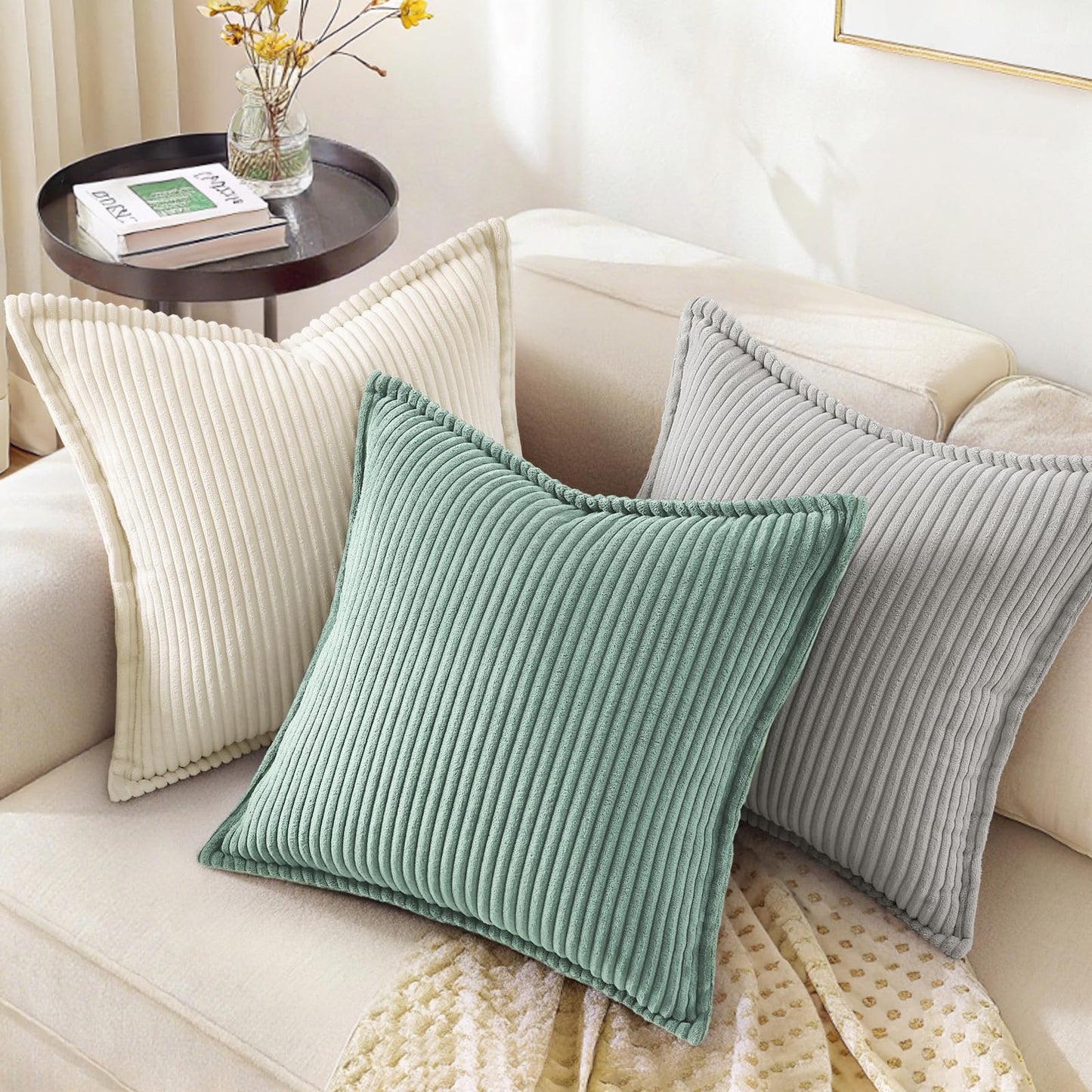 decorUhome Summer Corduroy Teal Euro Sham Throw Pillow Covers 26x26 Set of 2 Decorative Soft Boho Farmhouse Couch Pillow Covers for Living Room Bed Sofa Broadside Striped Pillow Cases