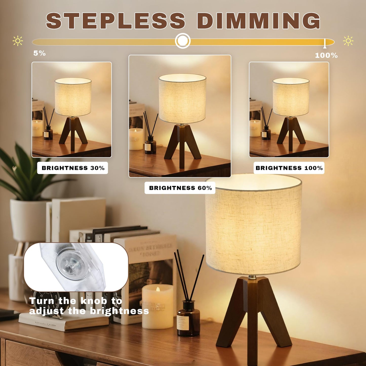 Booniture Set of 2 Tripod Table Lamps,Stepless Dimmable Small Bedside Lamps with Beige Linen Shade, Boho Modern Nightstand Lamps for Bedroom Living Room Office,E26 Socket, Walnut