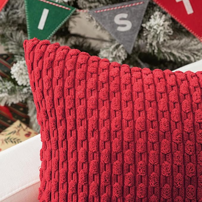 Kevin Textile Christmas Red Throw Pillow Covers Soft Corduroy Decorative Set of 2 Boho Striped Pillow Covers Pillowcases Farmhouse Home Decor for Couch Bed Sofa Living Room 26x26 Inch