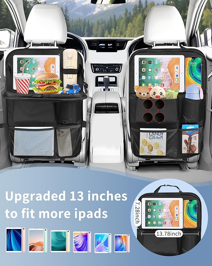 Backseat Car Organizer with Touch Screen Tablet Holder, Storage Pockets, Foldable Food Tray, Kick Mats Back Seat Protector, Travel Accessories for Kids and Adults (Upgraded Rear Organizer-1pcs)