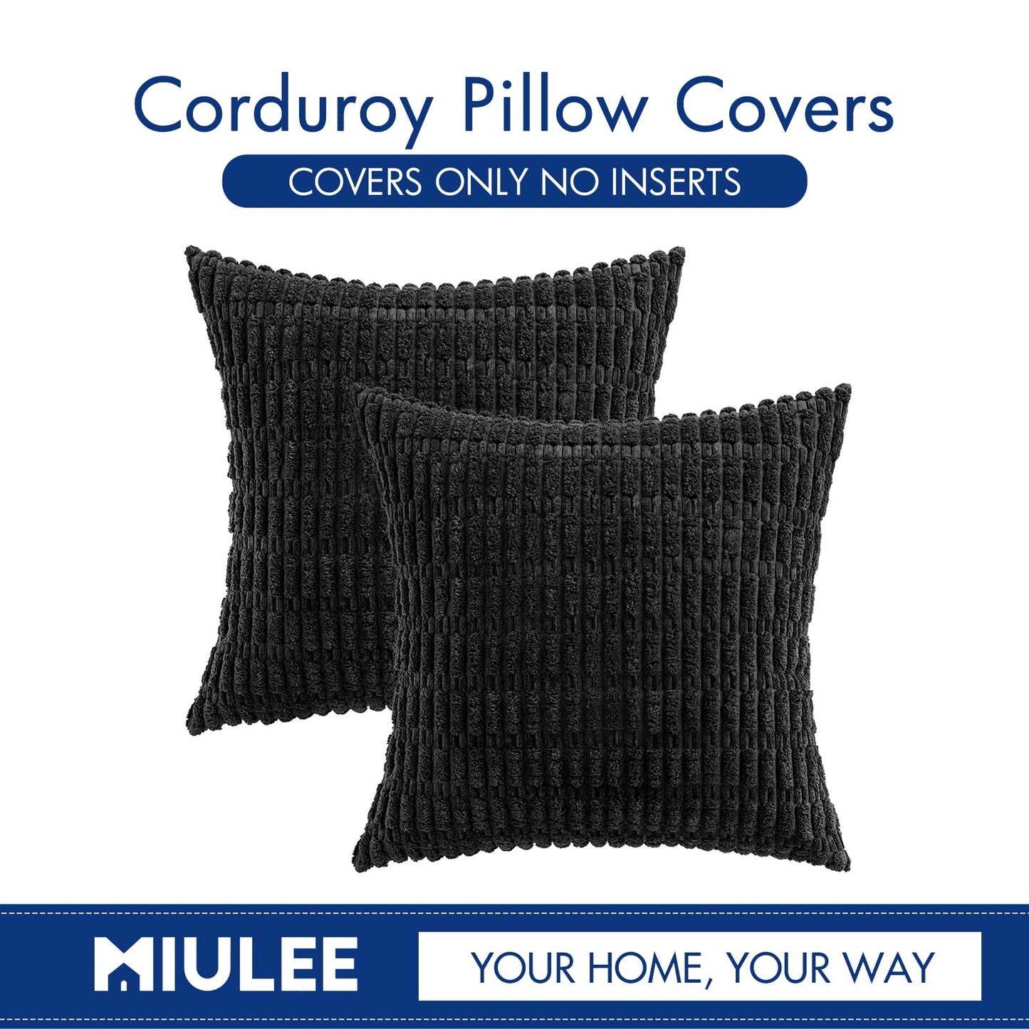 MIULEE Pack of 2 Corduroy Decorative Throw Pillow Covers 20x20 Inch Soft Boho Striped Pillow Covers Modern Farmhouse Home Decor for Halloween Sofa Living Room Couch Bed Black