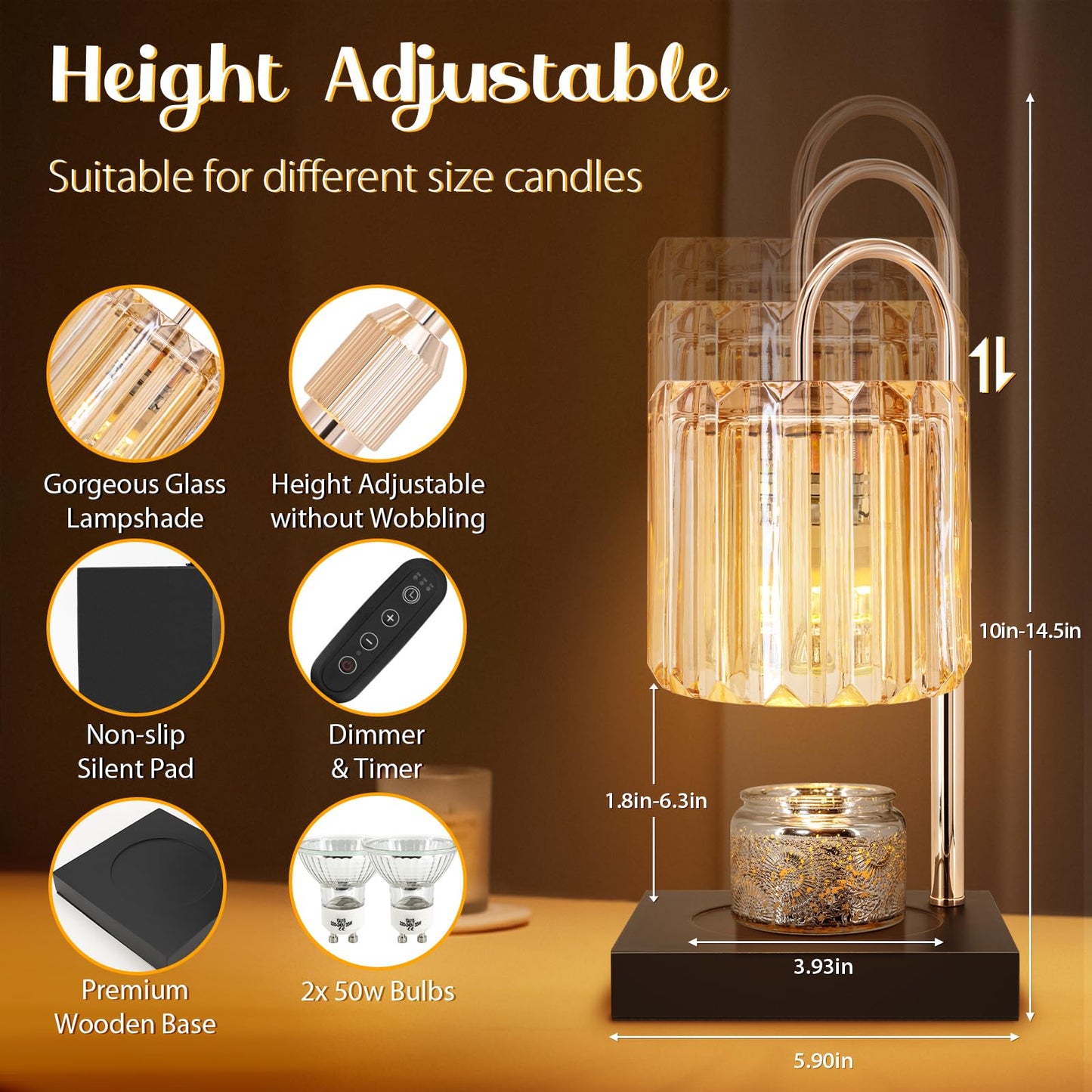 Candle Warmer Lamp, Adjustable Candle Lamp Warmer with Timer, Birthday Gifts for Mom Women Friends, Wax Warmer Lamp for Jar Candles with Large Head, Amber, Glass