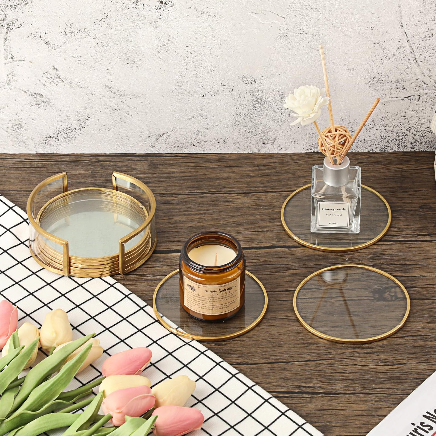 OGANAZI Glass Coaster Set of 8 Drink Coasters with Holder, Gold Brass-Coated Glass Coasters for Drinks, Round Cup Mats Coffee Table Décor for Kitchen, Living Room, Bar, Office, Patio, 4 Inches