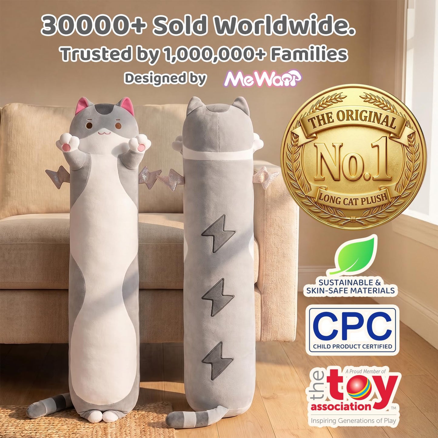 Mewaii 20” Long Cat Plush 5 Sizes, 120% Extra Filling Giant Plushness Kids Body Pillow, Kawaii Cute Grey Cat Stuffed Animals Plushies, Big Long Body Pillow Cat Plush Gift for Girls 20”