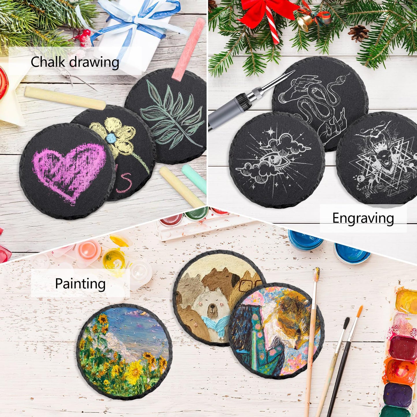 8 PCS Round Slate Drink Coasters Set, SIJDIEE 4 Inch Laser Engraving Black Slate Stone Coasters with Anti-Scratch Bottom and Coaster Holder for Office Bar Kitchen Home Dinner Table Decor Supplies