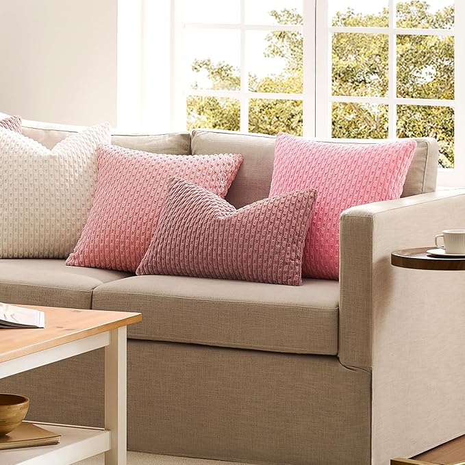 Kevin Textile Valentines Day Decorative Pillow Covers Set of 2 Striped Plush Corduroy Rectangle Lumbars Boho Home Decor Cushion Covers for Couch Sofa Bed Living Room 12x20 Inch, Pink