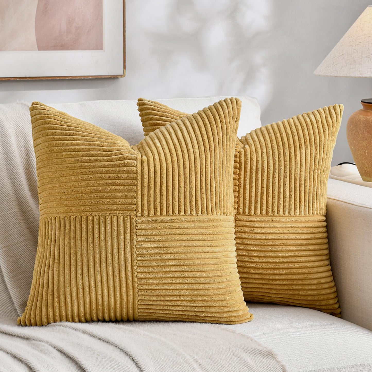 Fancy Homi 2 Packs Mustard Yellow Decorative Throw Pillow Covers 20x20 Inch for Living Room Couch Bed Sofa, Farmhouse Boho Home Decor, Soft Corss Corduroy Patchwork Accent Square Cushion Case 50x50 cm