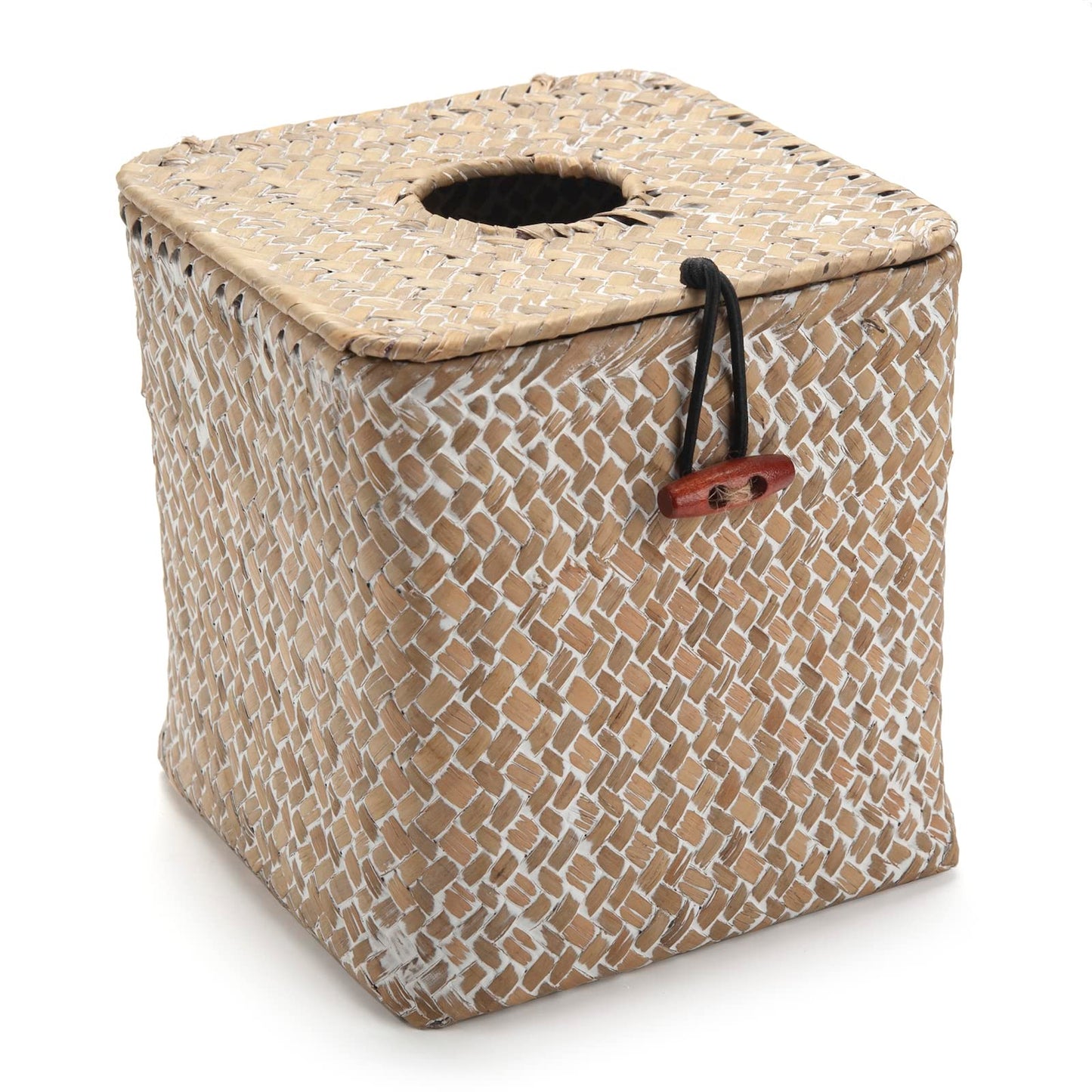 Tissue Box Cover Square, Seagrass Tissue Box Holder, Woven Facial Tissue Holder, Rattan Wicker Tissue Box, Decorative Tissue Cover for Dinner Table, Living Room, Bathroom, Bedroom, Office (Whitewash)