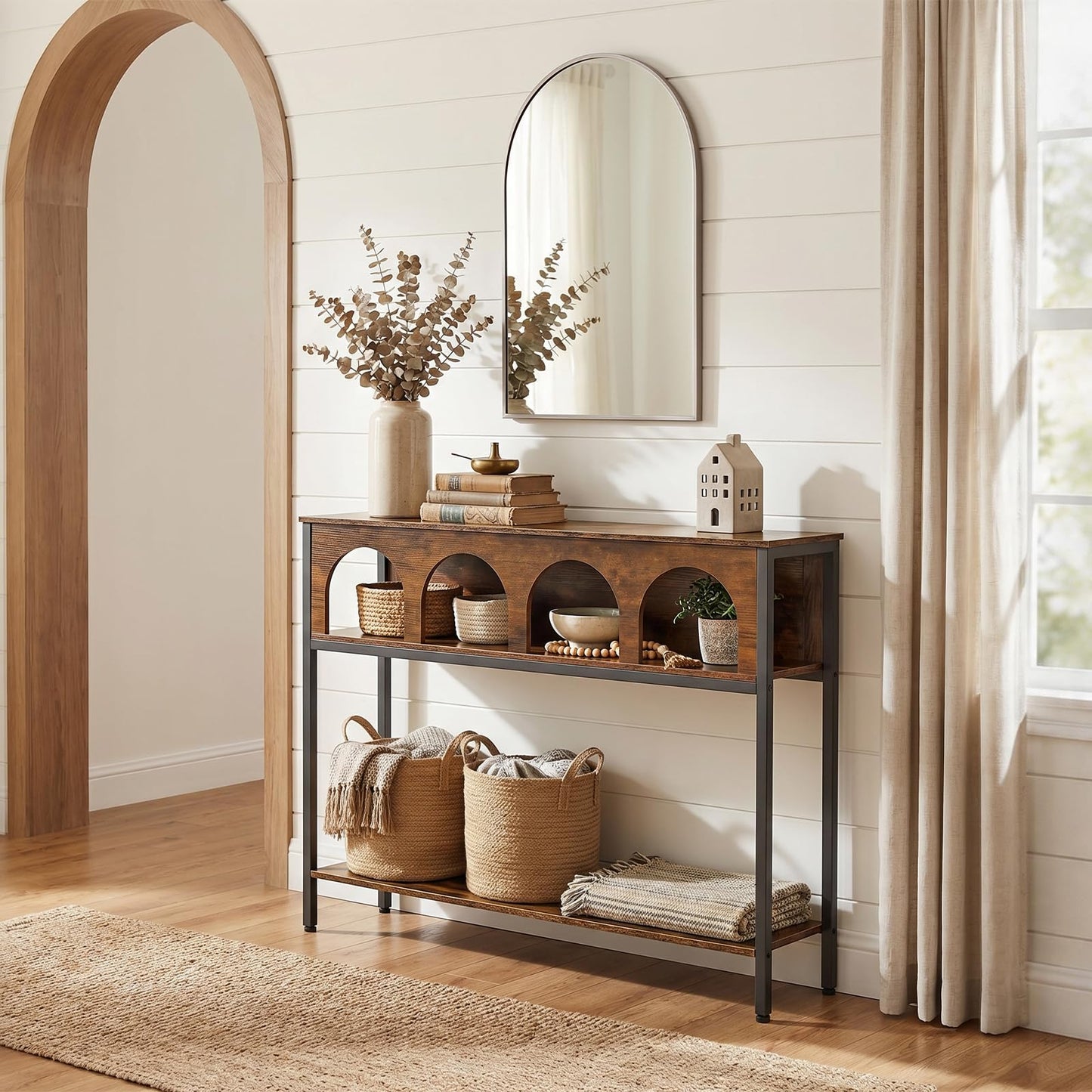 HOOBRO Narrow Console Table, Entryway Table with 3-Tier Storage, Sofa Table, Behind Couch Table with Arched Design for Living Room, Entrance, Hallway, Rustic Brown and Black BF106XG01