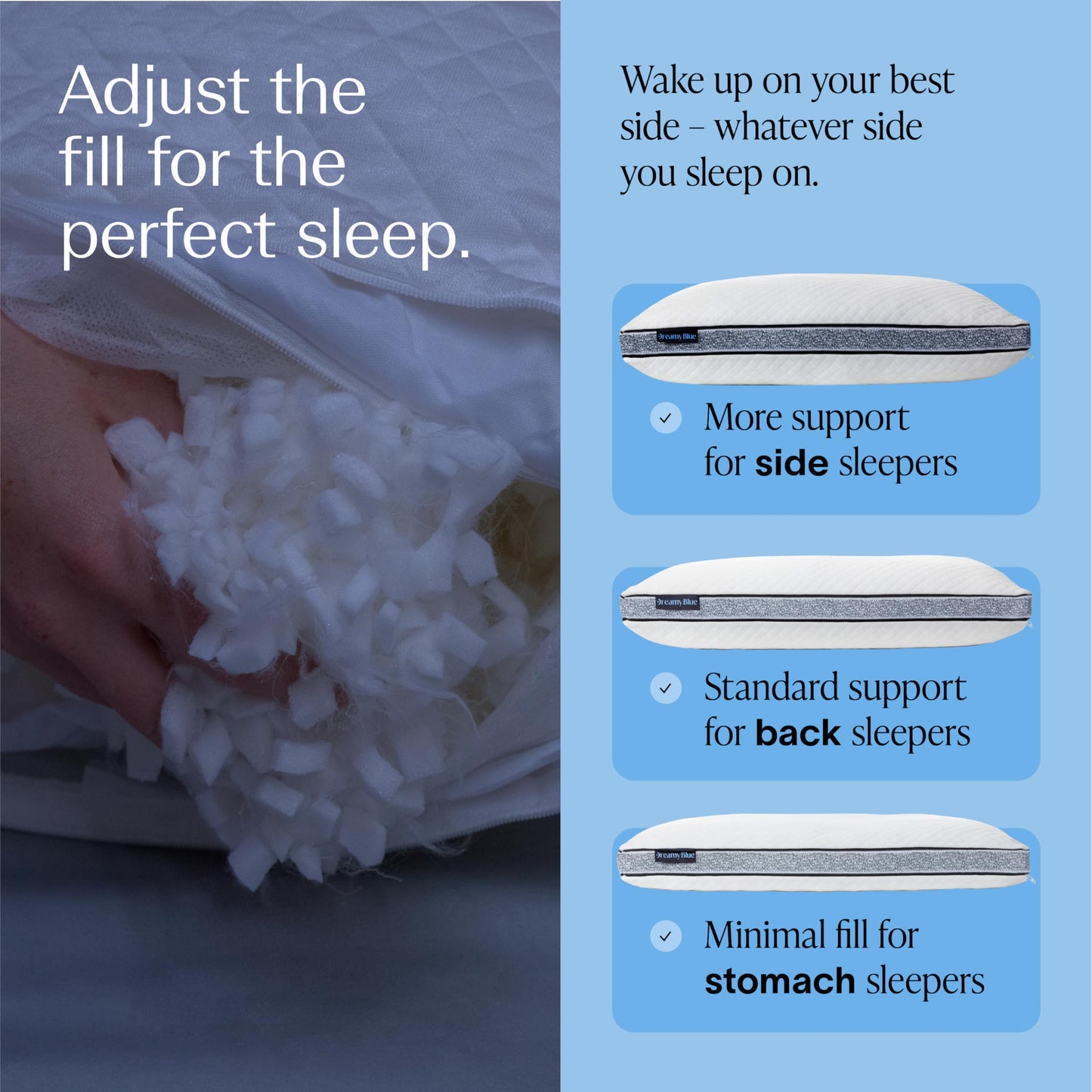 DreamyBlue Gusseted SAPPHIRE Pillow • Adjustable Loft, Luxury Cover, Shredded Memory Foam Fill w/Airflow Beads •Ideal For Wide Shoulders •Neutral Alignment for All • CertiPUR-US Certified Foam (Queen)