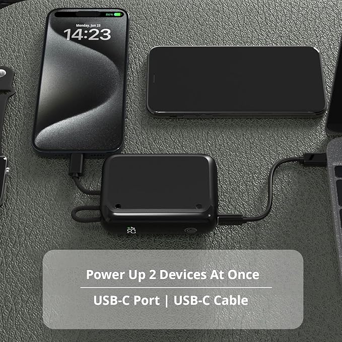 10000mAh Portable Charger, 30W PD Fast Power Bank with Built-in USB-C Cable - Ultra Compact for Travel, iPhone, Samsung Galaxy, MacBook, Nintendo Switch (Silver)
