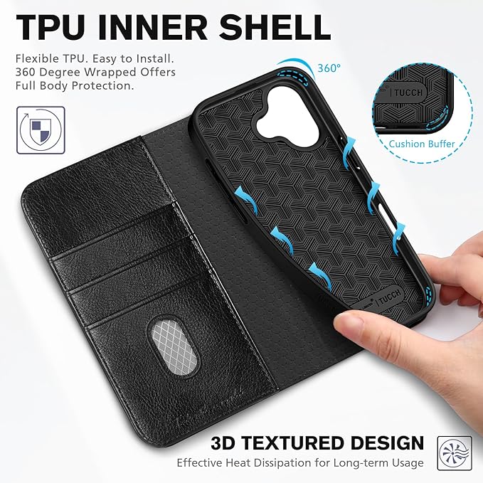 TUCCH Case Wallet for iPhone 17 (6.3") 2025, RFID Blocking, 3 Card Holders, Kickstand, PU Leather, Protective Flip Folio Cover, TPU Shockproof Interior Shell, Textured Black