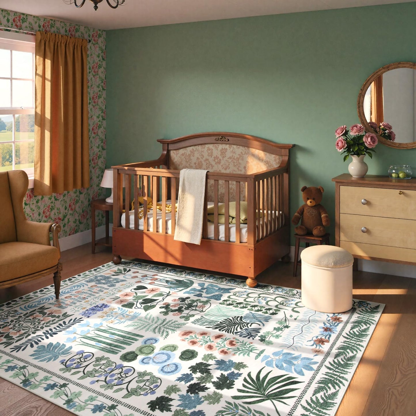 Zealude Floral Boho 5x7 Area Rugs for Bedroom Living Room, Botanical Soft Dining Room Rug, Large Non Slip Stain Resistant Indoor Throw Carpet for Entryway Kitchen Office Playroom (Beige,5 x 7)