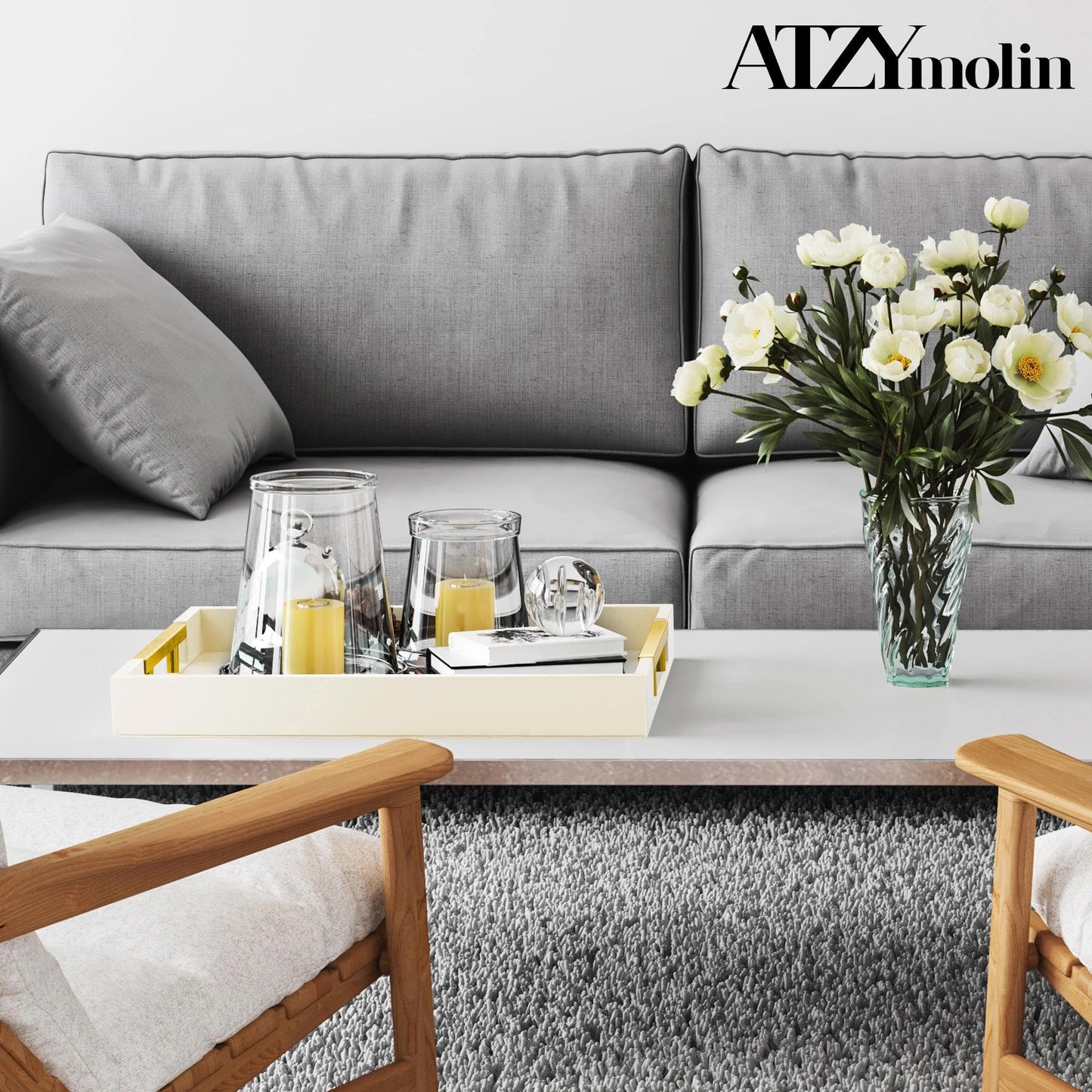 ATZYmolin Leather Serving Tray with Gold Polished Metal Handles, Home Decorative Wooden Rectangle Ottoman Decor Platter Bathroom Vanity Tray for All Occasions Cream