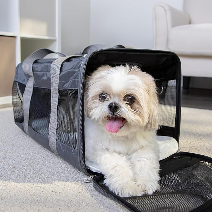 Sherpa Pet Carrier Airline Approved with Spring Wire Frame - Cat & Dog Carrier for In-Cabin Travel, Mesh Ventilation, Locking Zippers - Charcoal Grey, Large
