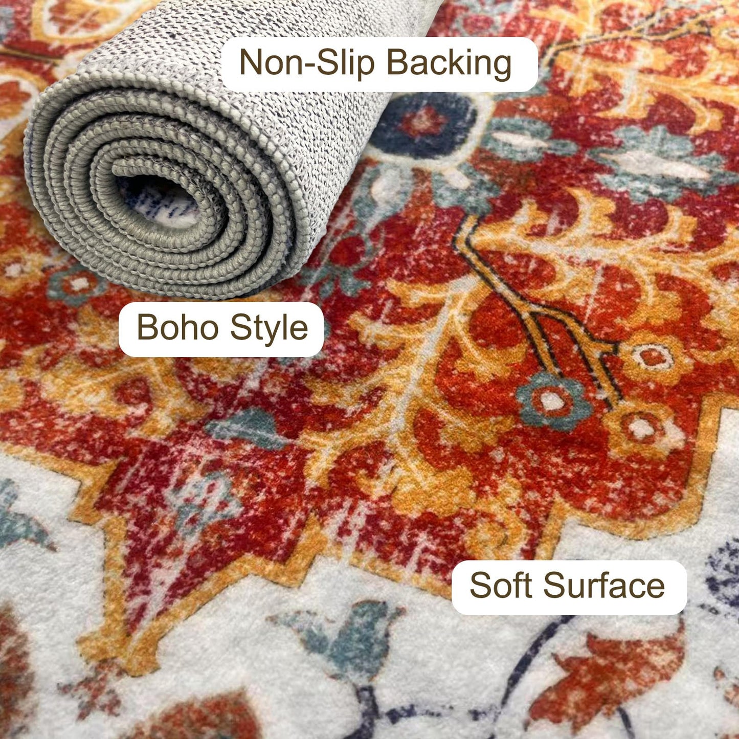 LOOMY Living Room Rug 5x7 Rug Machine Washable Boho Area Rug Non Slip Floral Vintage Low Pile Large Rugs for Living Room, Bedroom, Farmhouse, Dining Room, Kids Playroom