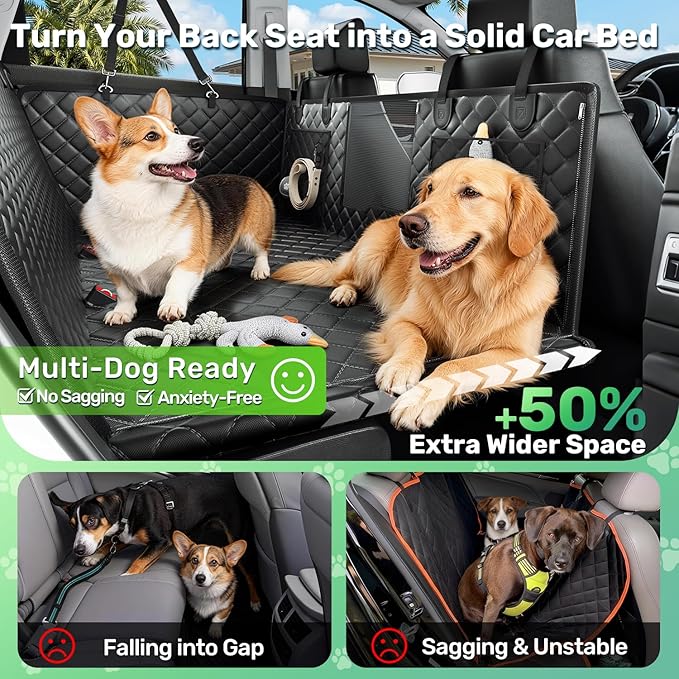 Zanch Heavy-Duty Dog Car Seat Cover, Flat Solid Back Seat Extender for Multi Large Dogs, Hard-Base Supports 450 lb, Waterproof Scrachproof Hammock Protector, Standard for Cars, SUV, Trucks, Green